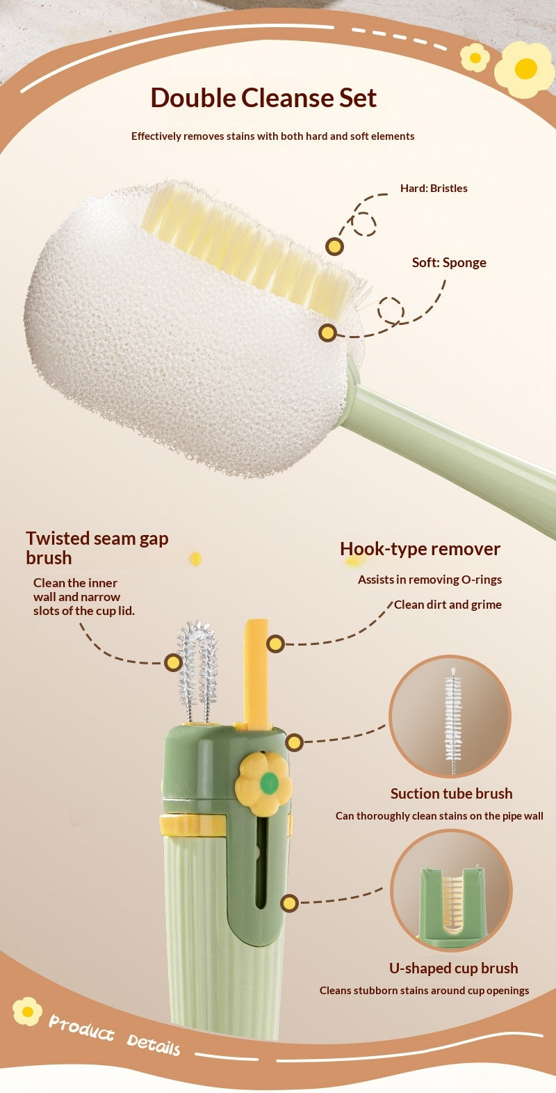 Multifunctional 5 in 1 Cup Brush Cleaning Tools,  Straw Brush Cleaner Bottle Lid Gap Cleaning Brush for Home Kitchen